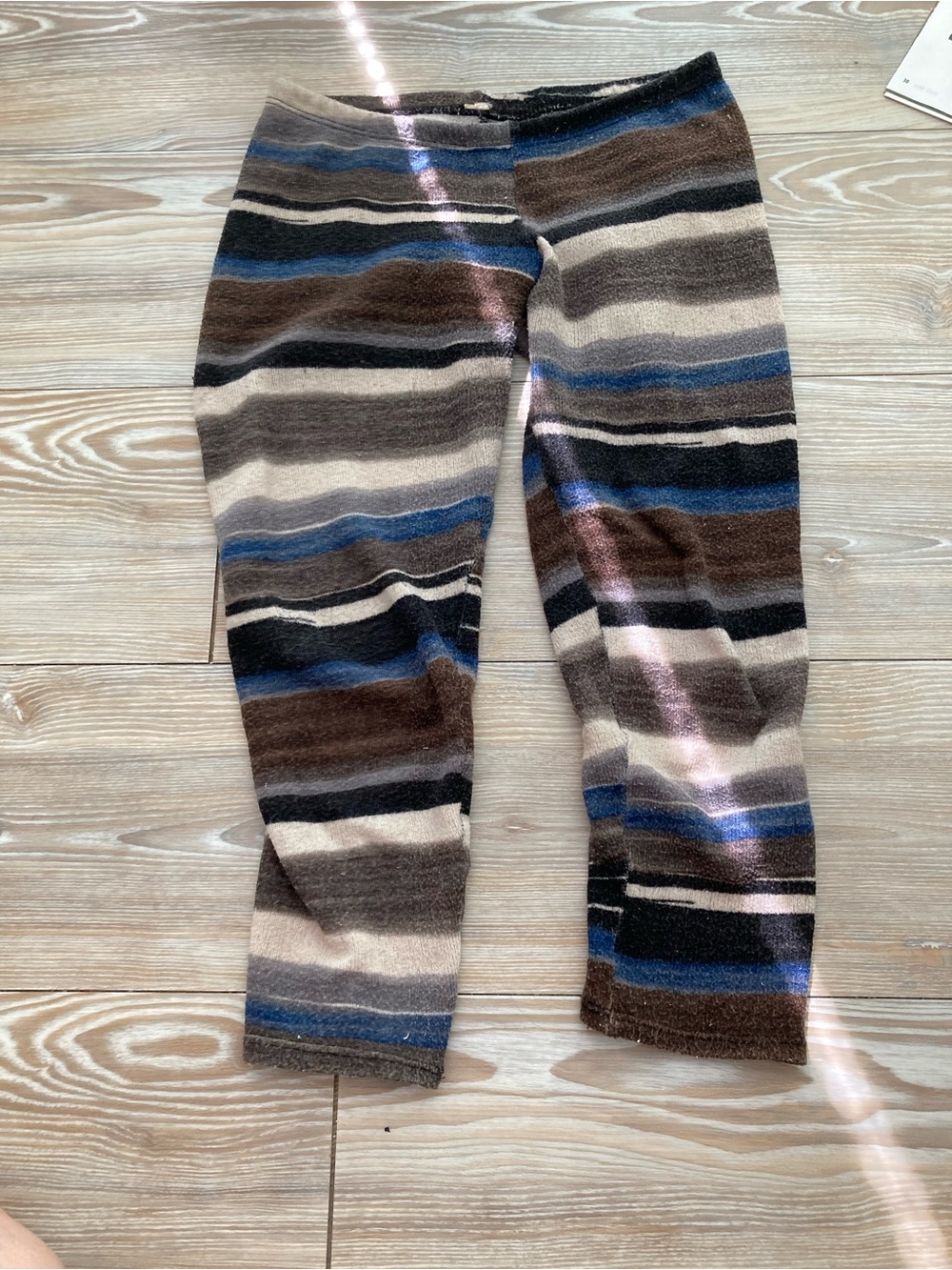 Striped Knit (towel) Leggings Capris - Blue, Brown & Cream Size S